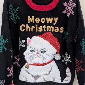 Grumpy Persian Cat Ugly Christmas Sweater Women's L Holiday Party Sparkles MINT